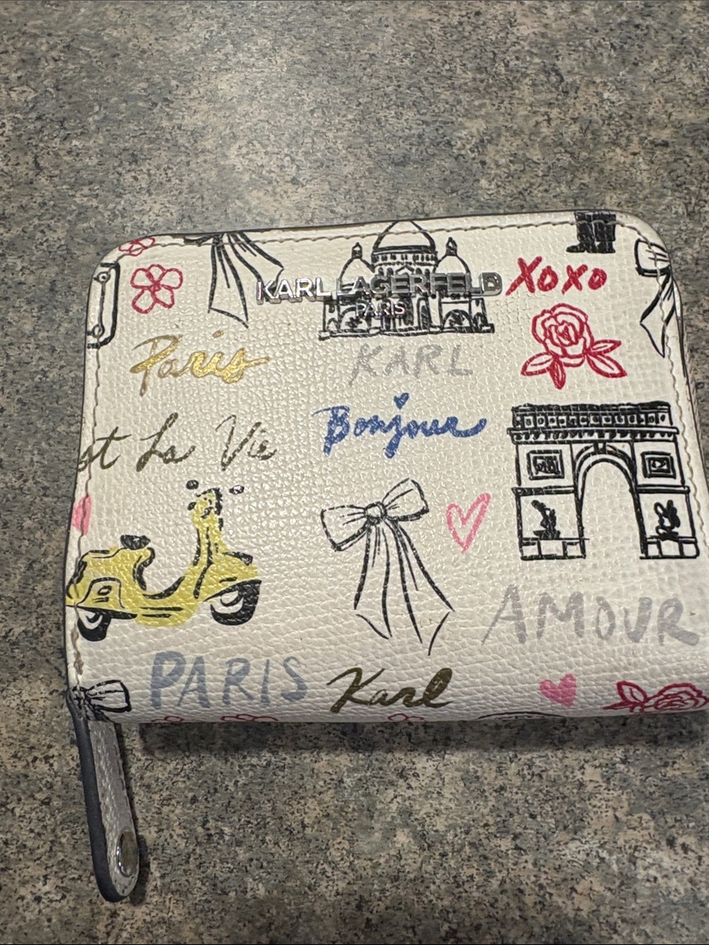 Karl Lagerfeld Cream Paris Sketch Zip Wallet with Multicolor Accents